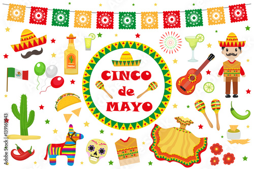 Cinco de Mayo celebration in Mexico, icons set, design element, flat style.Collection objects for Cinco de Mayo parade with pinata, food, sambrero, tequila cactus, flag. Vector illustration, clip art