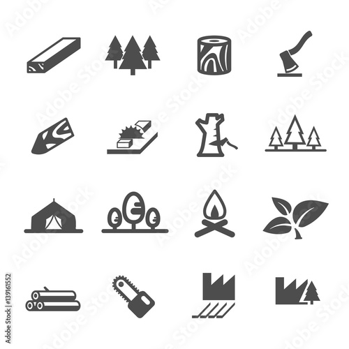 wood lumber mill saw tree cut icon set vector