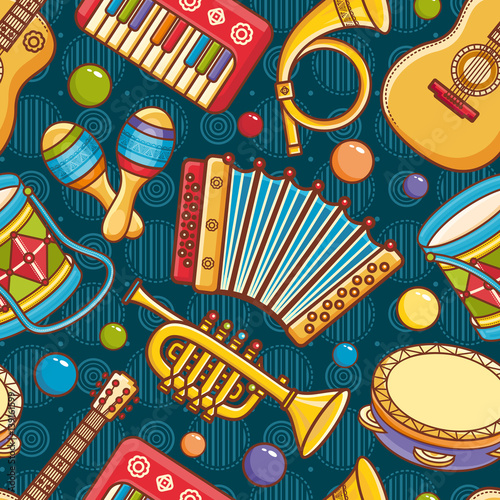Musical instrument.  Seamless pattern. Vector ornament. Cartoon style.