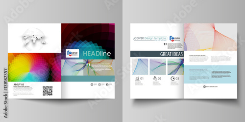 Business templates for bi fold brochure, flyer, booklet, report. Cover template, vector layout in A4 size. Colorful design, overlapping geometric shapes and waves forming abstract beautiful background