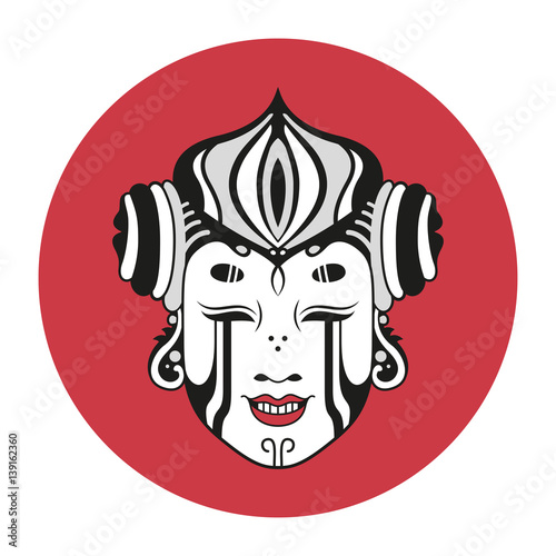 Vector illustration of a black and white Japanese mask on a red circle