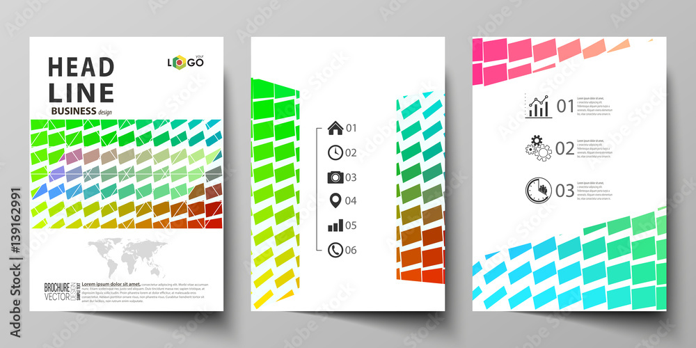 Business templates for brochure, magazine, flyer, annual report. Cover design template, vector layout in A4 size. Colorful rectangles, moving dynamic shapes forming abstract polygonal style background