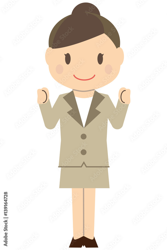 かわいいアップのビジネスウーマン　ベージュのスーツの女性　小さく両手でガッツポーズ