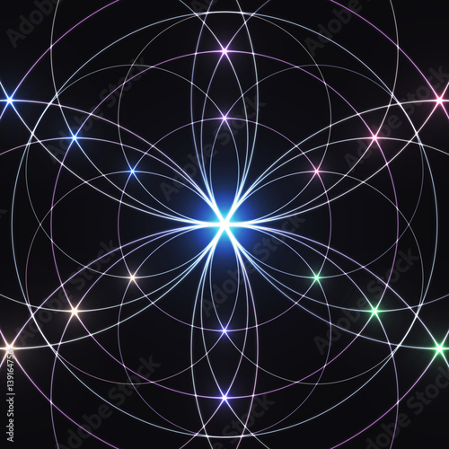 Sacred geometry, glowing geometrical ornament. Mystical background.