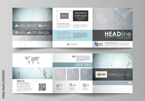 Set of business templates for tri fold square design brochures. Leaflet cover, abstract vector layout. Chemistry pattern, connecting lines and dots, molecule structure, scientific medical DNA research
