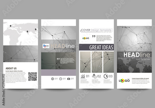 Flyers set, modern banners. Business templates. Cover design template, easy editable abstract vector layouts. Chemistry pattern, molecule structure on gray background. Science and technology concept.