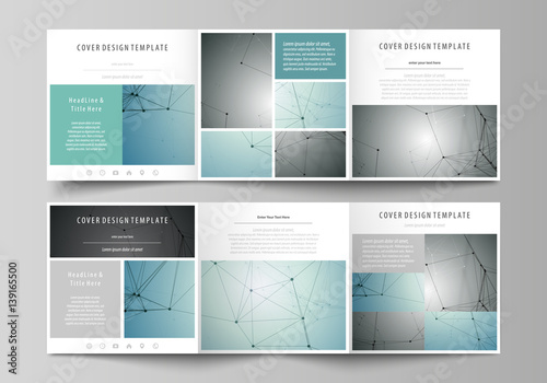Set of business templates for tri fold square design brochures. Leaflet cover, vector layout Geometric background, connected line and dots. Molecular structure. Scientific, medical, technology concept