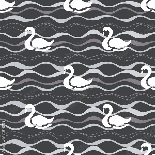 seamless white swan with glitter pattern on wave background © MYMNY
