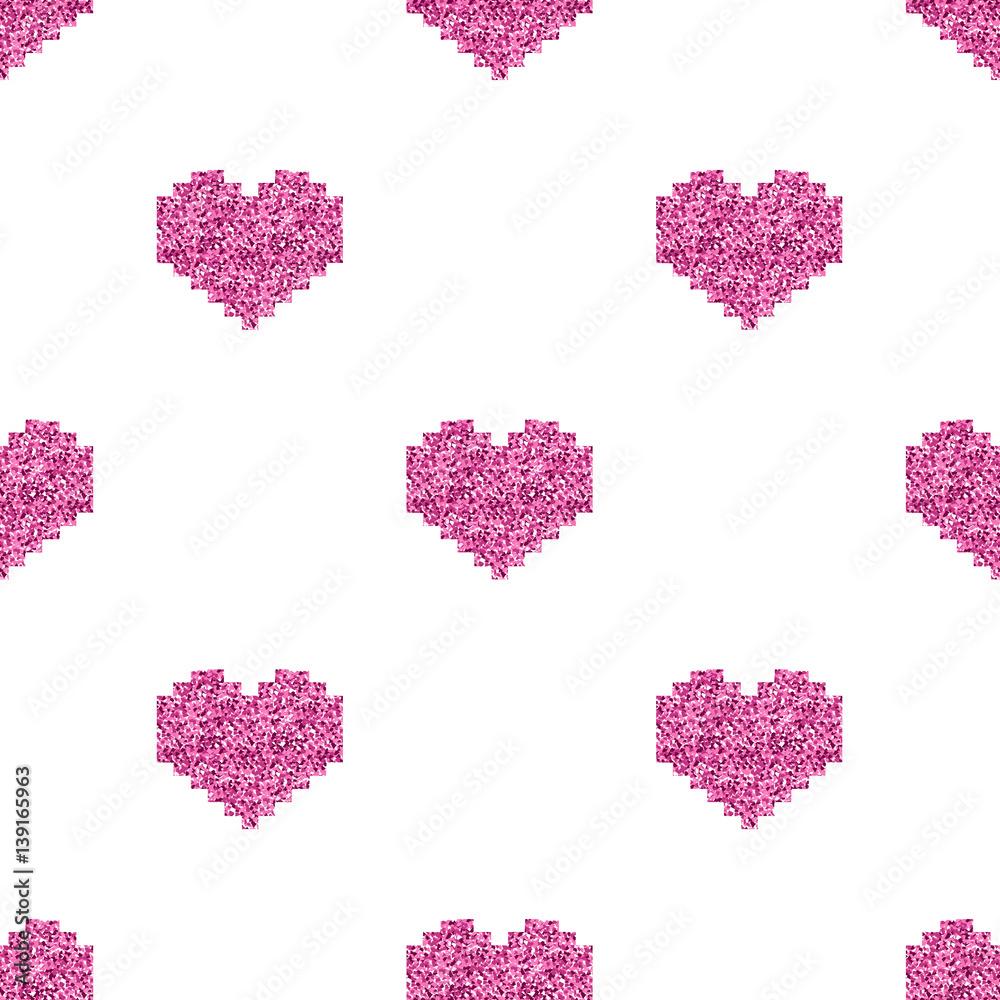 seamless pink pixel heart glitter pattern on white background