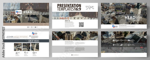 Business templates in HD format for presentation slides. Easy editable abstract vector layouts in flat design. Colorful background made of dotted texture for travel business, urban cityscape.