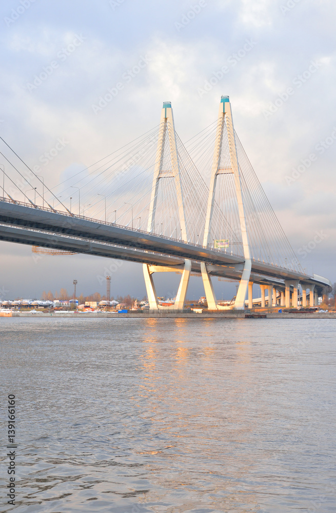 Cable stayed bridge at evening.
