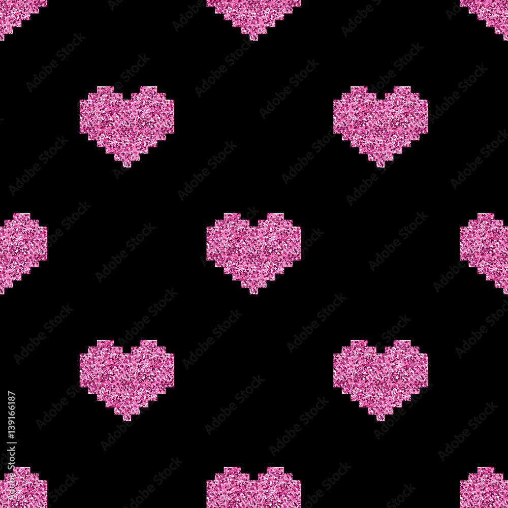 seamless pink glitter pixel heart pattern on black  background