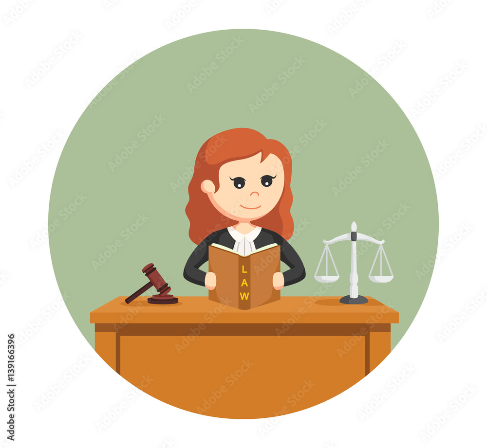 judge woman reading law book in circle background