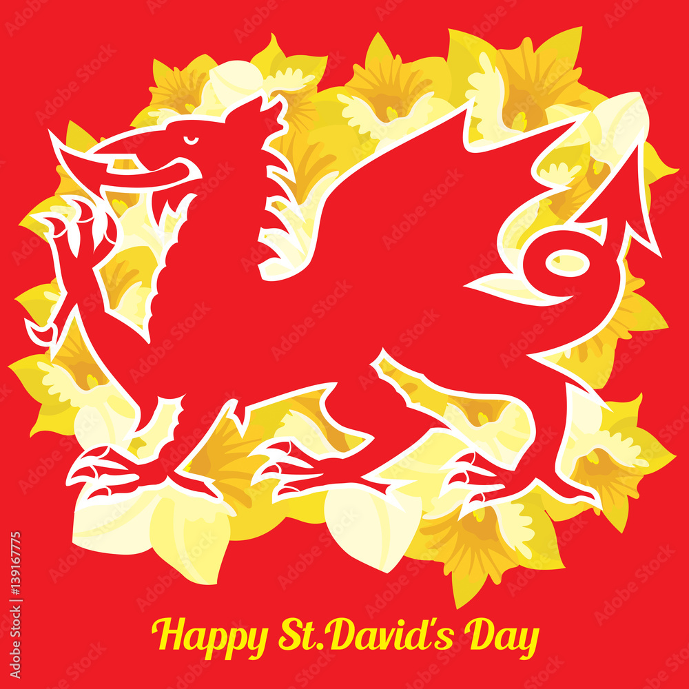 A red Welsh dragon and beautiful yellow daffodils on a red background A red Welsh dragon and beautiful yellow daffodils on a red background