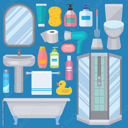 Bath equipment icons made in modern shower flat style colorful clip art illustration for bathroom interior hygiene vector design.