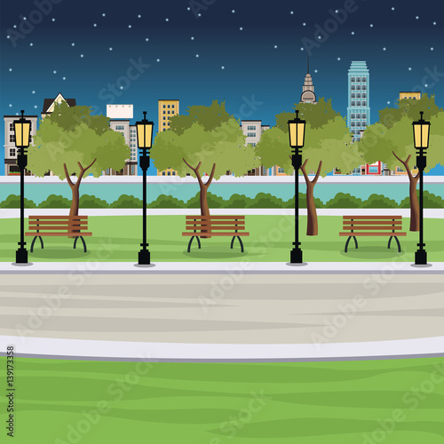 public park bench post light river city view night vector illustration