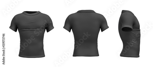 3d rendering of a black T-shirt in realistic slim shape in side, front and back view on white background.