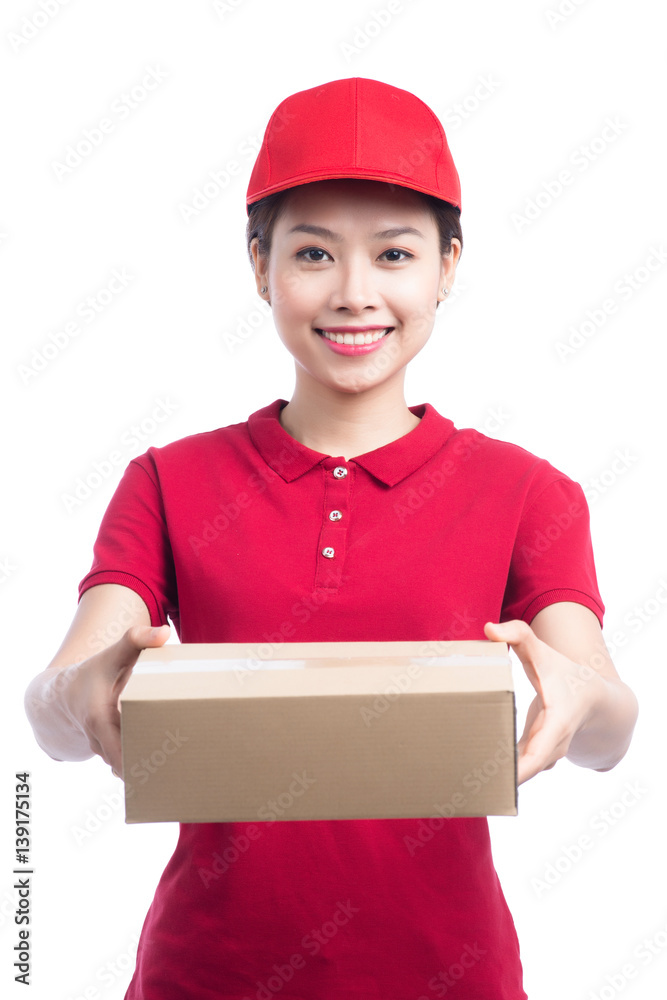 Portrait of delivery woman service happily delivering package to costumer Portrait of delivery woman service happily delivering package to costumer