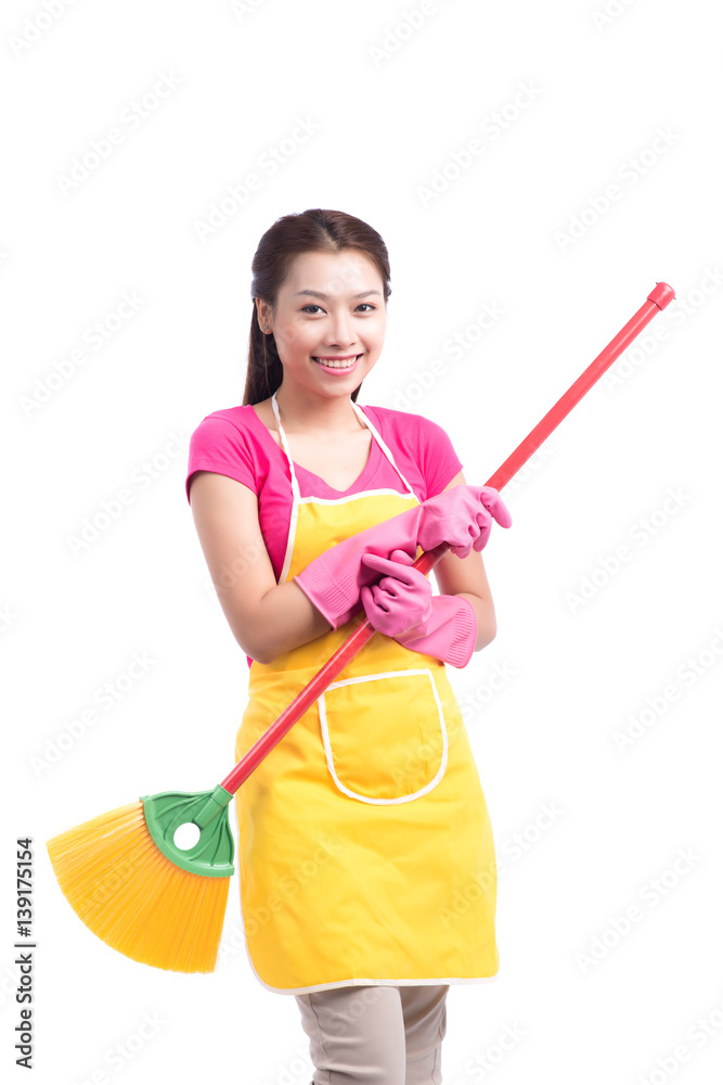 Woman doing housekeeping stuff at home isolated on white background Woman doing housekeeping stuff at home isolated on white background