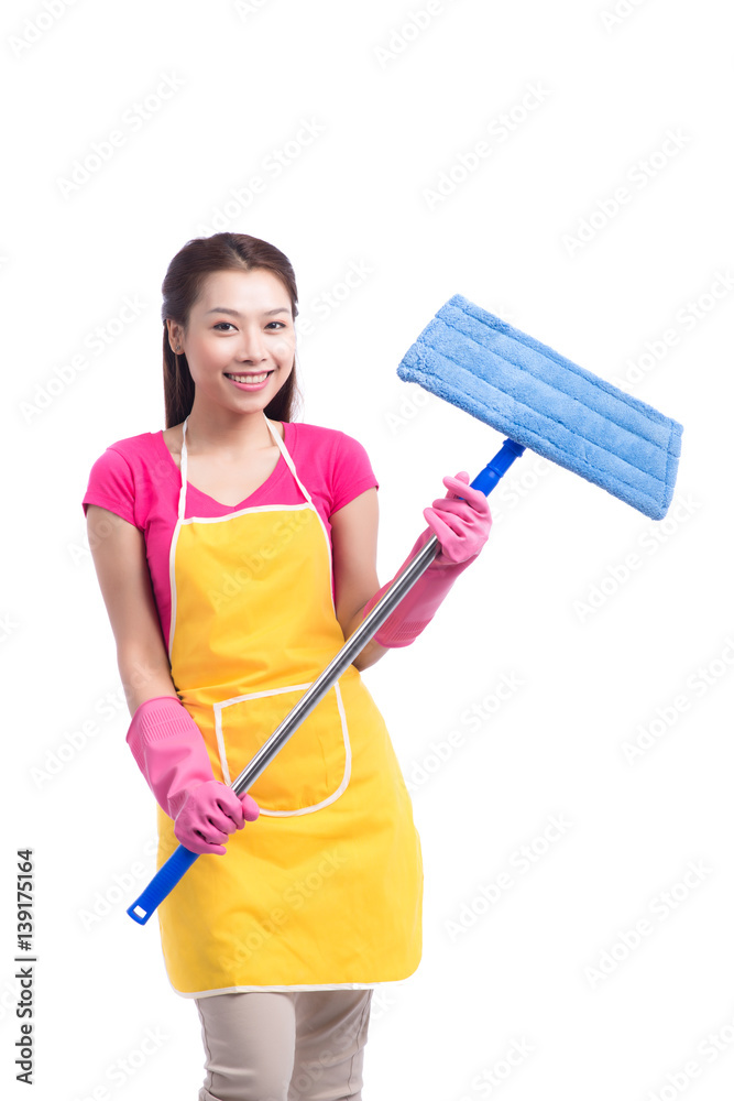 Woman doing housekeeping stuff at home isolated on white background Woman doing housekeeping stuff at home isolated on white background