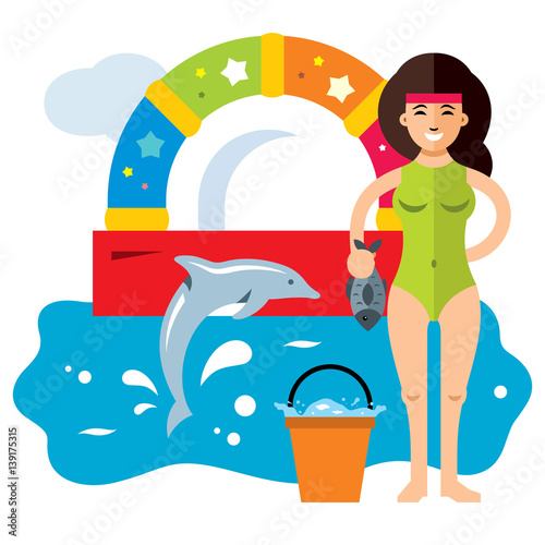 Vector Dolphinarium Concept. Flat style colorful Cartoon illustration.