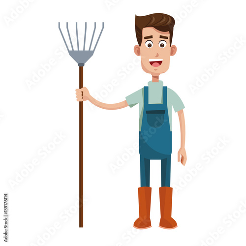 cute farmer coveralls and pitchfork vector illustration
