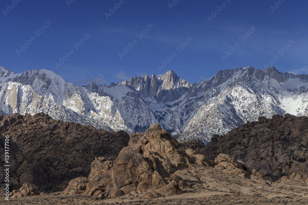 Mount Whitney Winter - The morning light shines on Mount Whitney in the winter. Mount Whitney Winter - The morning light shines on Mount Whitney in the winter.