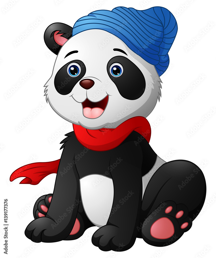 Fototapeta premium Cute cartoon panda sitting wearing a red scarf and a blue hat