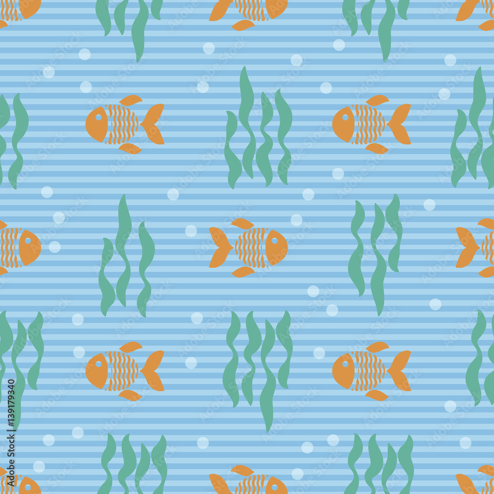 seamless golden fish with seaweed pattern on stripe background