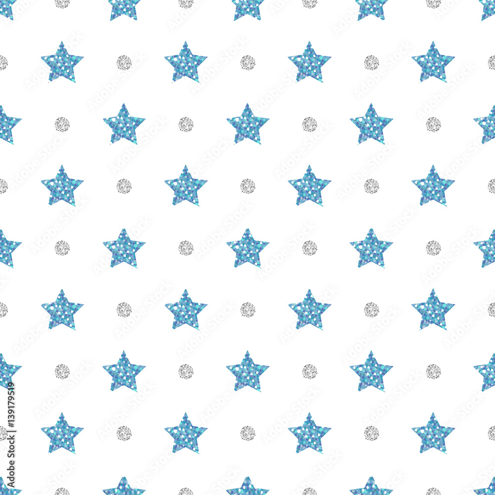 seamless blue glitter star with silver dot pattern background