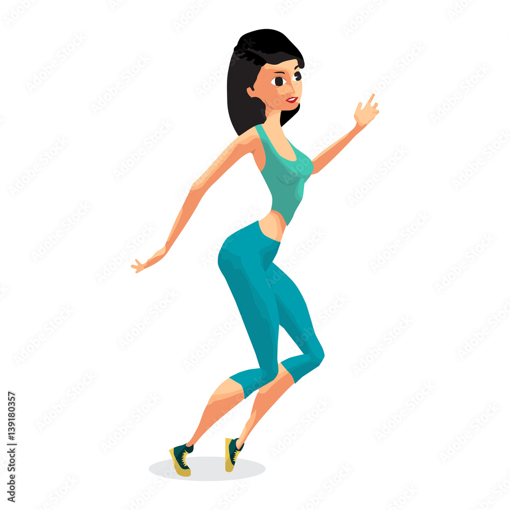Woman doing gymnastic exercises. Girl in sportswear dancing. Flat cartoon isolated vector illustration