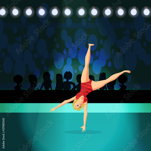 Girl doing Rhythmic Gymnastics on shiny stadium. Sportswoman in a red sports uniform doing a somersault. Flat cartoon vector illustration