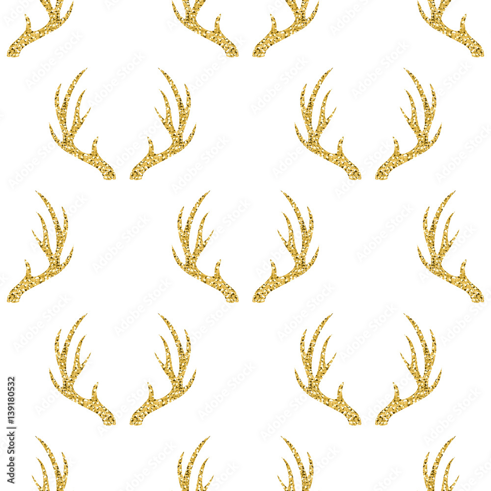 seamless gold glitter antler pattern on white background