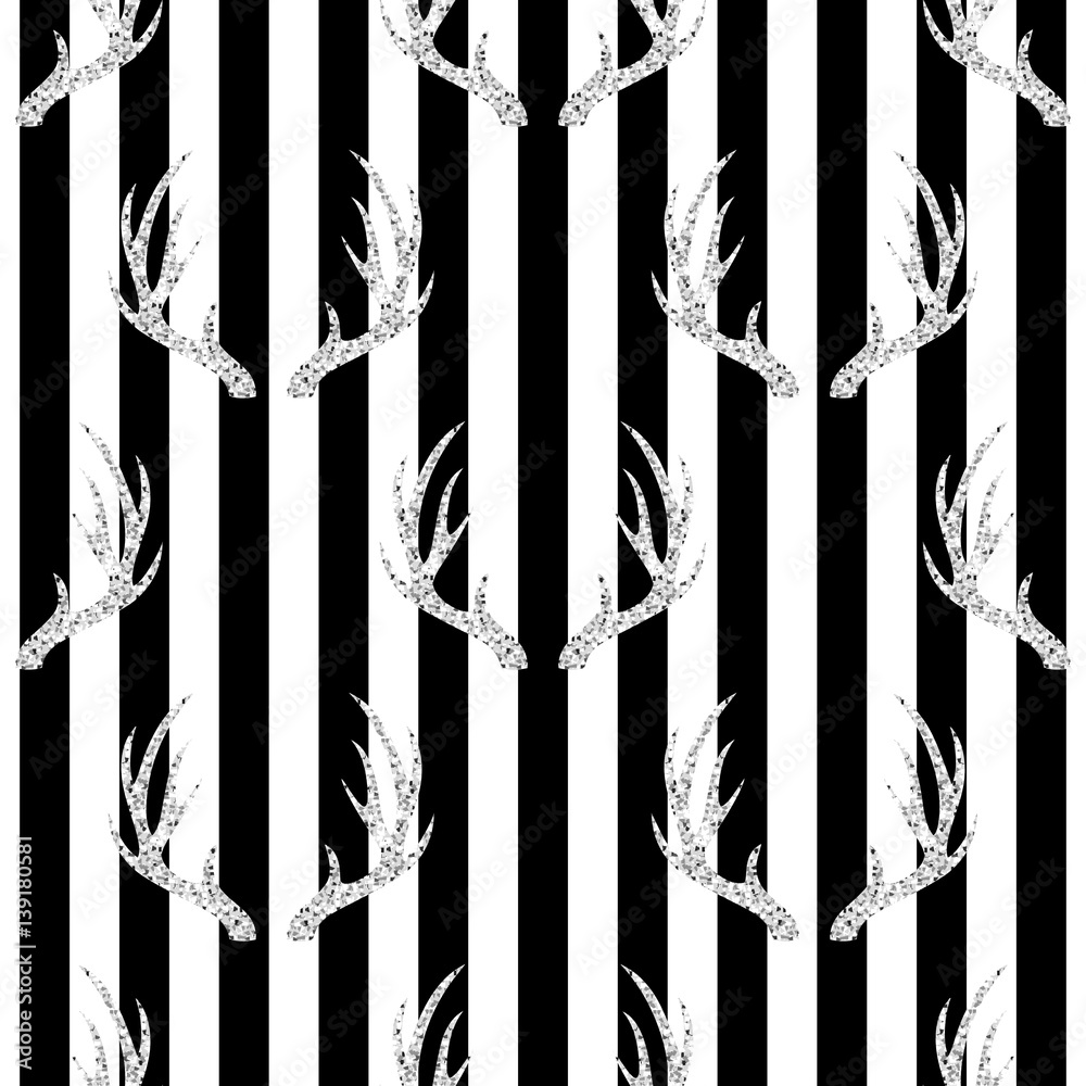 seamless silver glitter antler pattern on stripe background