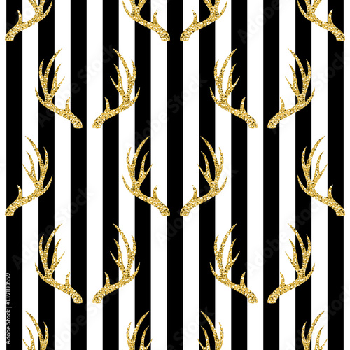 seamless gold glitter antler pattern on stripe background