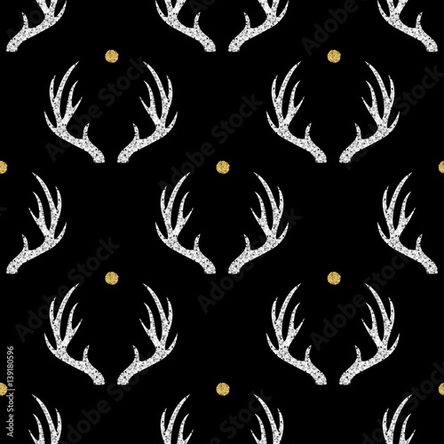 seamless silver glitter antler with gold dot glitter pattern on black background