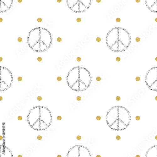 seamless silver glitter peace sign with gold dot glitter pattern background