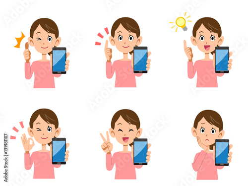 女性　スマートフォン　表情としぐさのセット