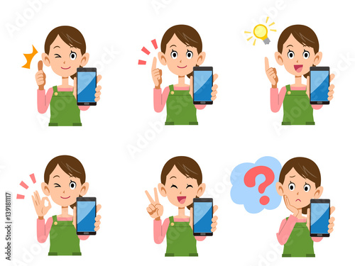 主婦　スマートフォン　表情としぐさのセット