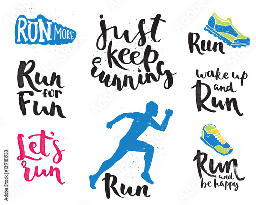 Running man marathon logo jogging emblems label and fitness training athlete symbol sprint motivation badge success work isolated runner vector illustration.