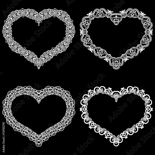 Laser cut frame in the shape of a heart with lace border.  A set of the foundations for paper doily for a wedding. A set of  valentines or photo frames. Vector templates for cutting out.