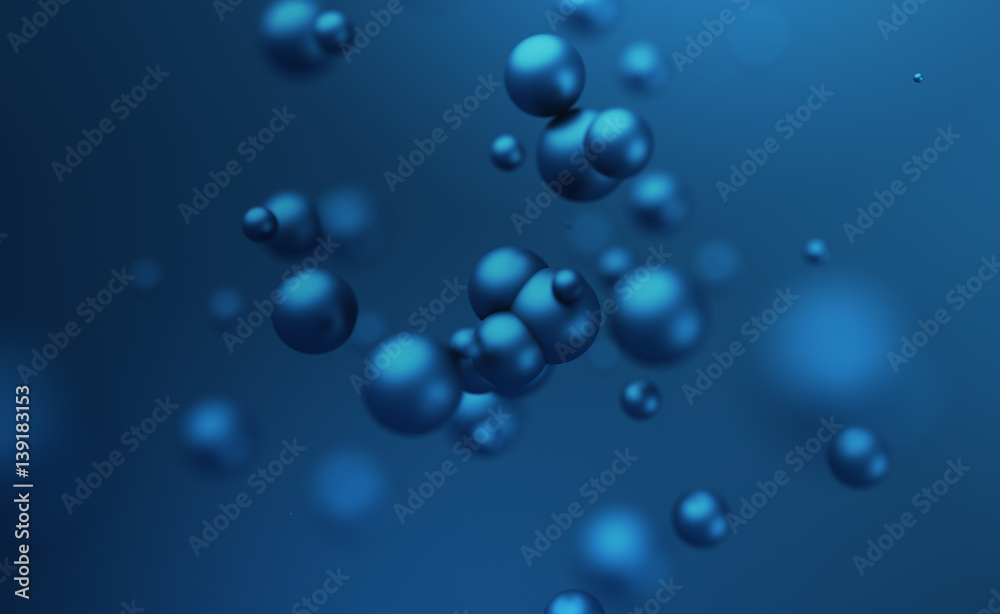 Abstract 3d rendering of chaotic spheres. Flying particles in empty space. Dynamic shape. Futuristic background with bokeh, depth of field effect. Design for poster, banner, placard. Abstract 3d rendering of chaotic spheres. Flying particles in empty space. Dynamic shape. Futuristic background with bokeh, depth of field effect. Design for poster, banner, placard.