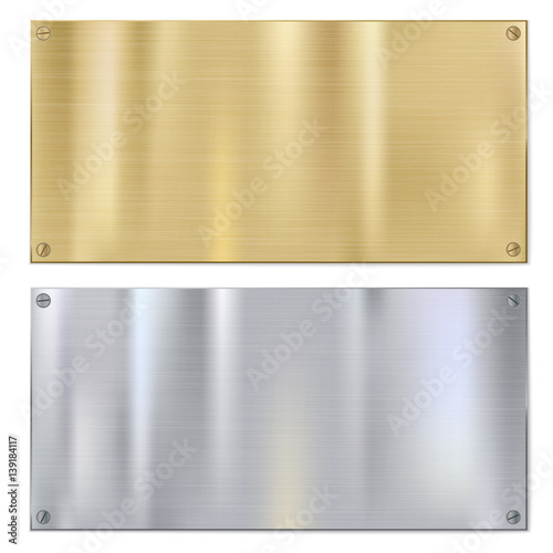 Shiny brushed metal plates with screws. Stainless steel background, illustration for you