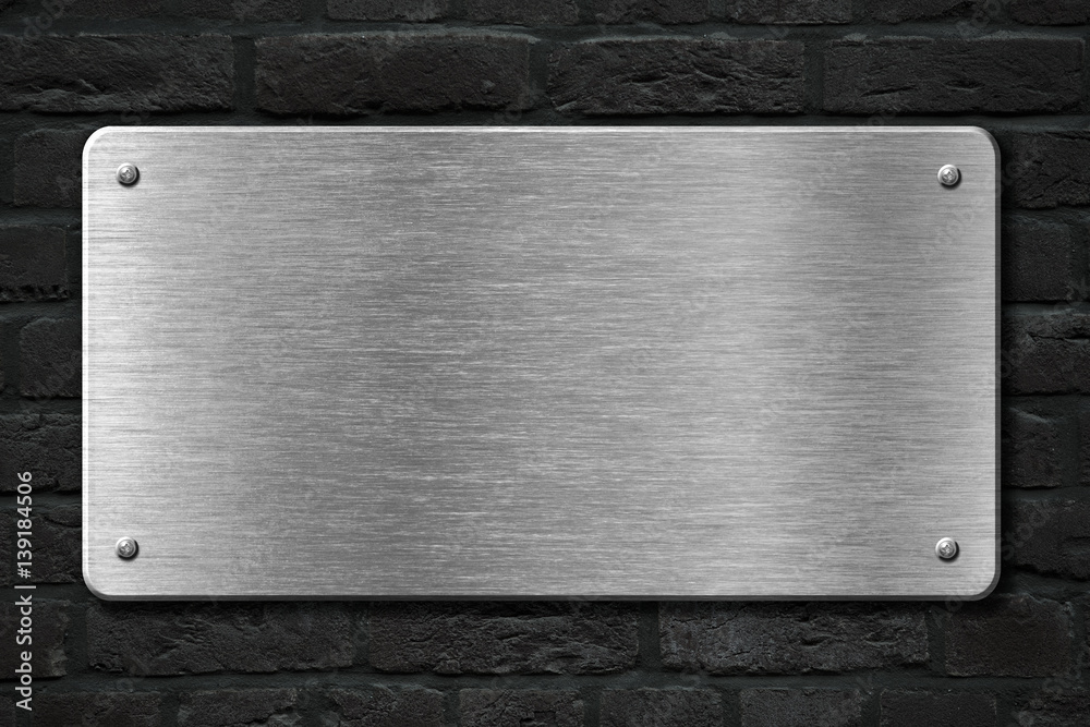 steel metal plate over brick wall 3d illustration steel metal plate over brick wall 3d illustration