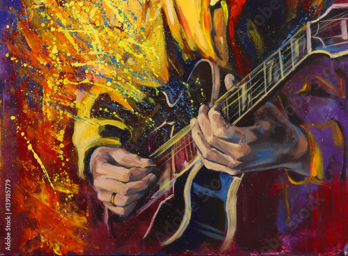 Jazz guitarists hands, playing guitar, with multicolored fantasy background. Original artwork in acrylic on canvas