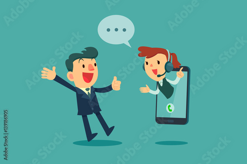 businessman give thumb up to call center operator on screen of smart phone