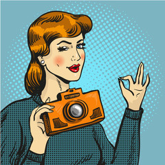 Fotobehang Pop art Vector illustration of woman taking photo in pop art style.  © skypicsstudio