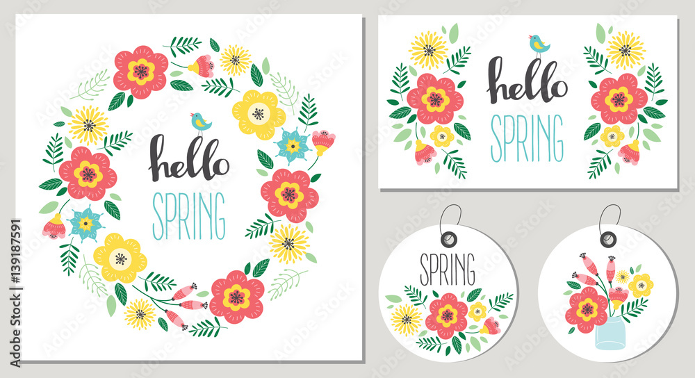 Hello spring floral card set. Flower wreth. Vector illustration