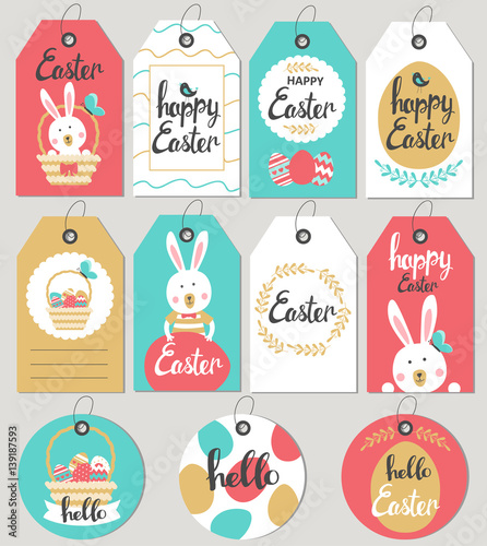 Set with Happy Easter gift tags and cards with Easter bunny. Vector illustration.