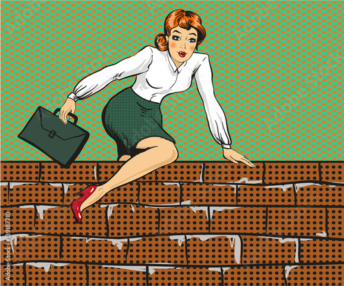Vector illustration of woman climbing over fence, pop art style